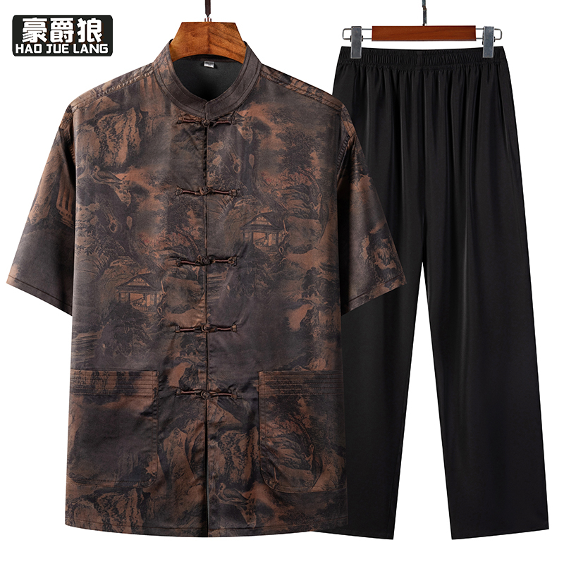13627001.中老年唐装男夏季短袖套装中国风立领爸爸装中式衣服老人爷爷上衣