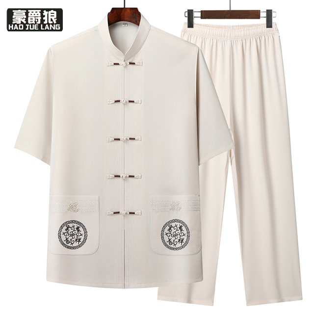 13627063.夏季套装冰丝短袖衬衫男爸爸装运动套装中老年爷爷装宽松版两件套