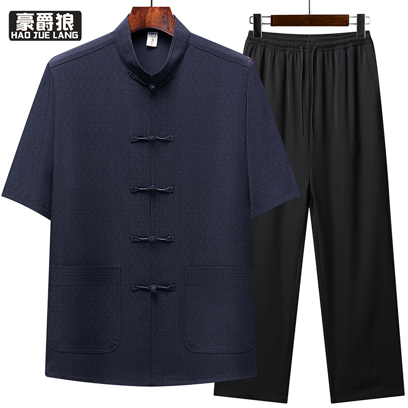 13626930.夏季薄款唐装男短袖套装中老年人国风爸爸夏装爷爷装衣服