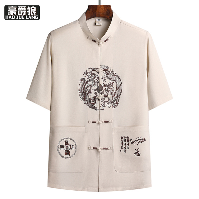 13626943.唐装男中老年夏季冰丝短袖衬衫上衣中国风刺绣爸爸休闲大码爷爷装