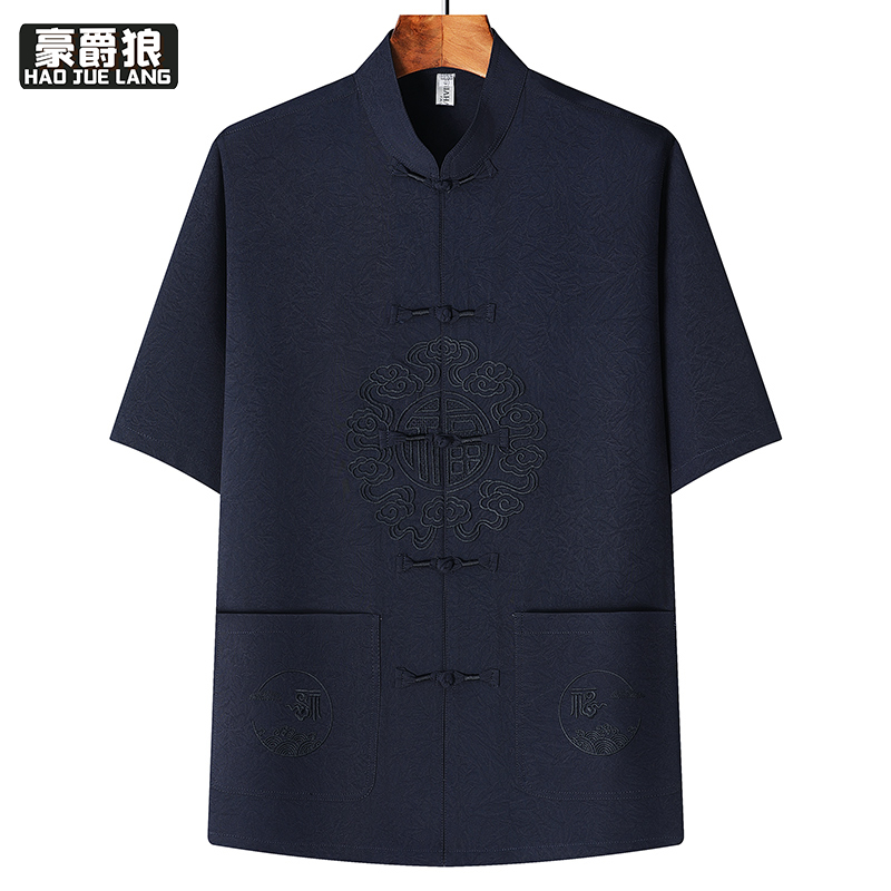 13627020.中国风唐装男中老年爸爸夏季短袖苏绣老年人衣服男士爷爷夏装上衣