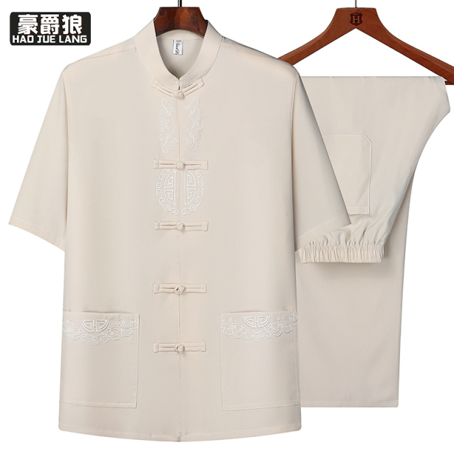 13626928.新款爸爸夏装唐装男中老年夏季短袖爷爷立领中式衣服老人冰丝套装