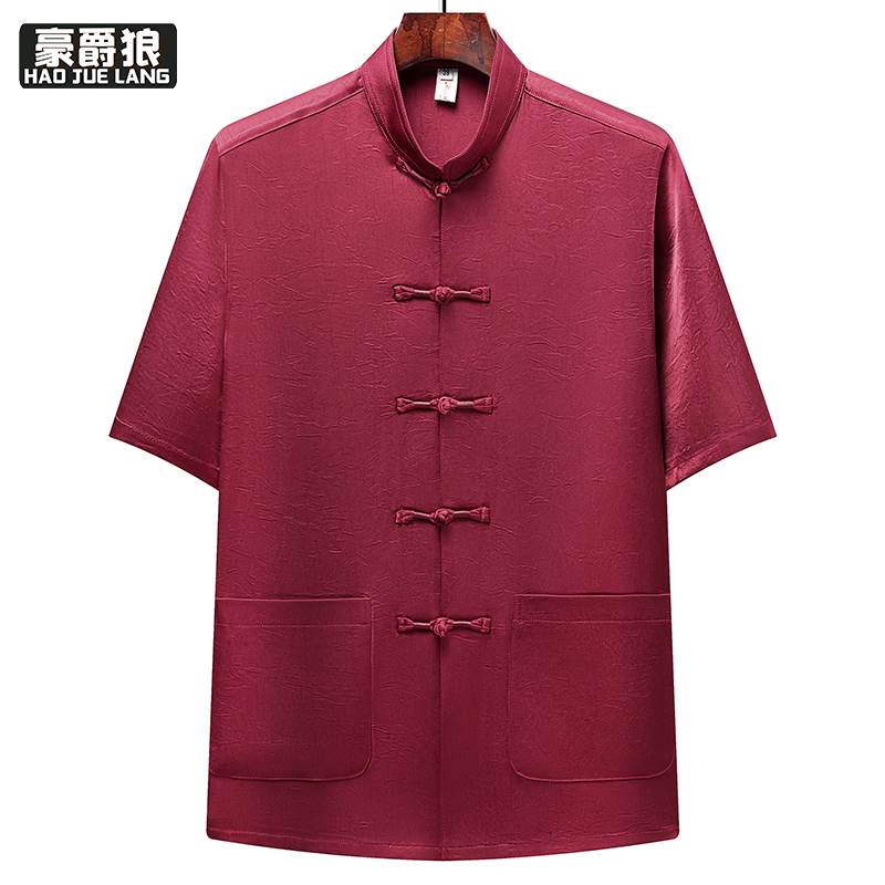 13627054.唐装男款中老年爸爸装短袖上衣中国风父亲装中式冰丝老人爷爷衬衫