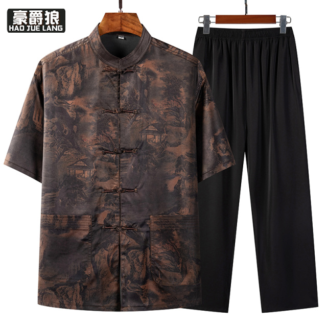 13627001.中老年唐装男夏季短袖套装中国风立领爸爸装中式衣服老人爷爷上衣