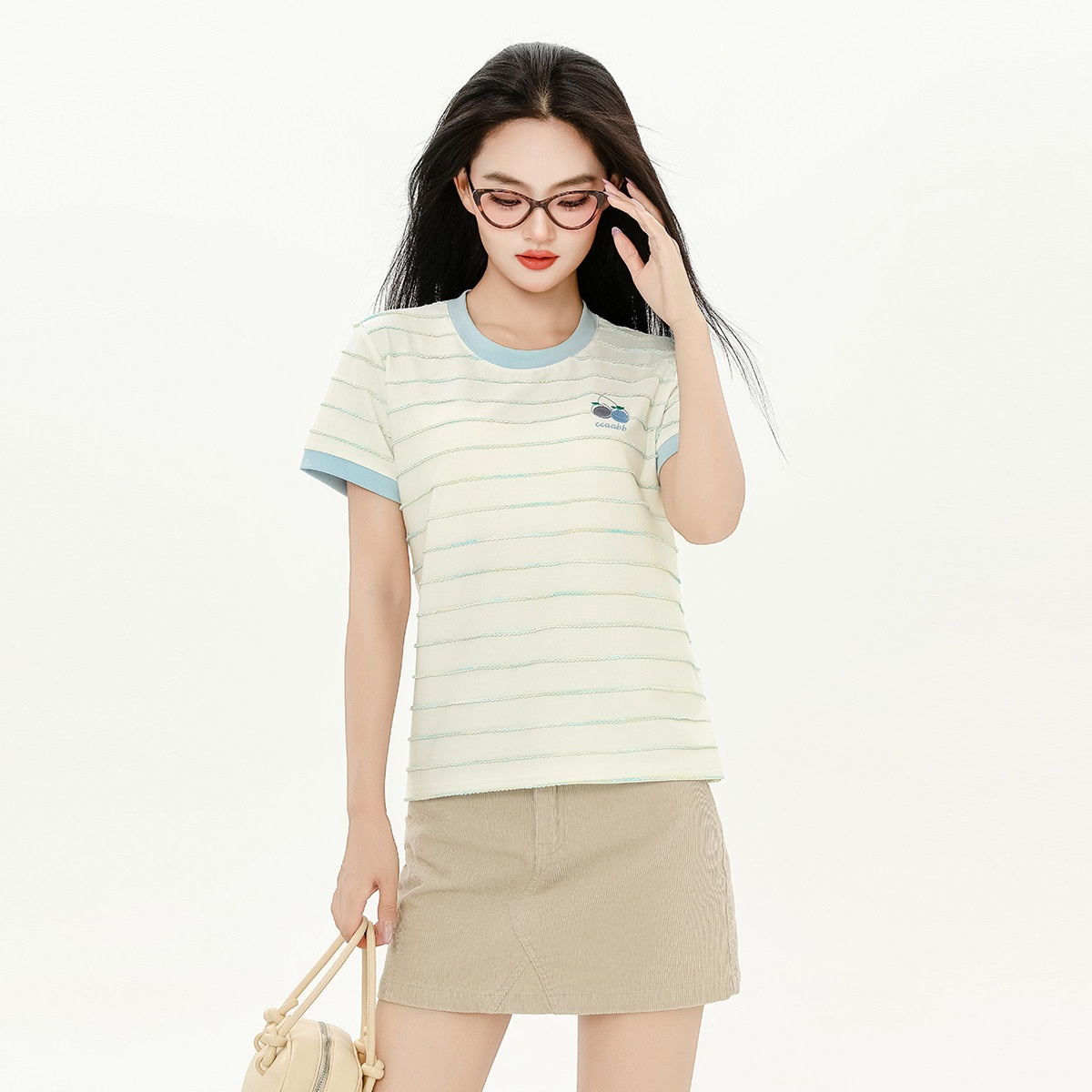 13715466.it ccaabb减龄卡通印花条纹短袖t恤女夏季美式宽松休闲撞色上衣潮