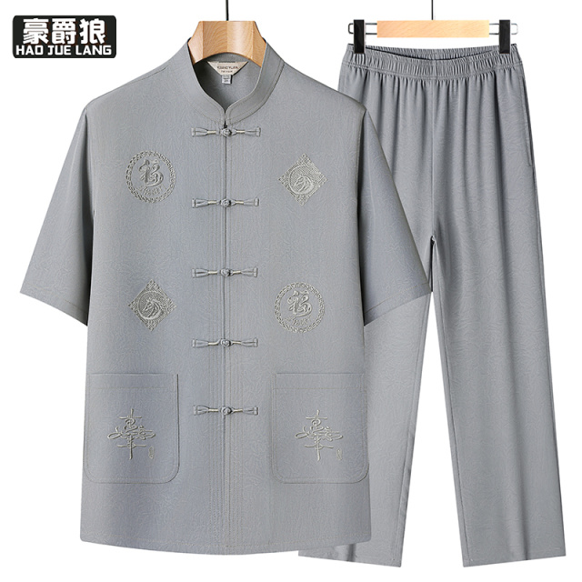 13627039.中老年冰丝短袖衬衫套装夏季新中式国风老人宽松唐装男爸爸衬衣薄