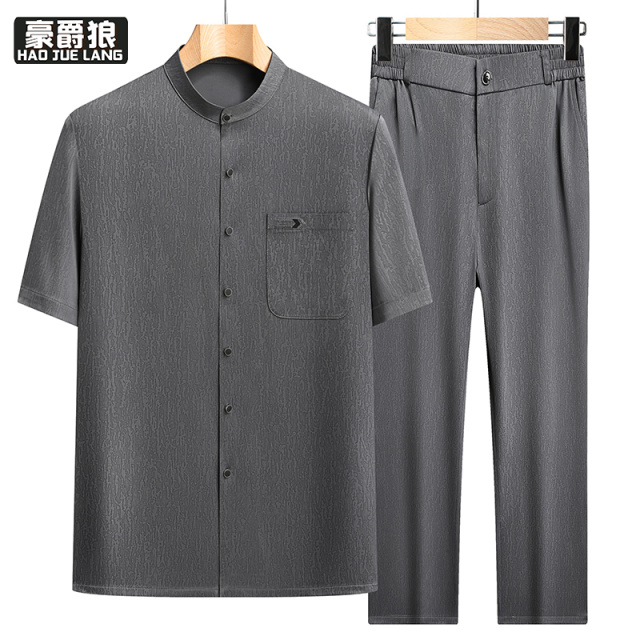 13627079.夏季唐装男装立领衬衫短袖套装潮流时尚休闲百搭男士复古风两件套