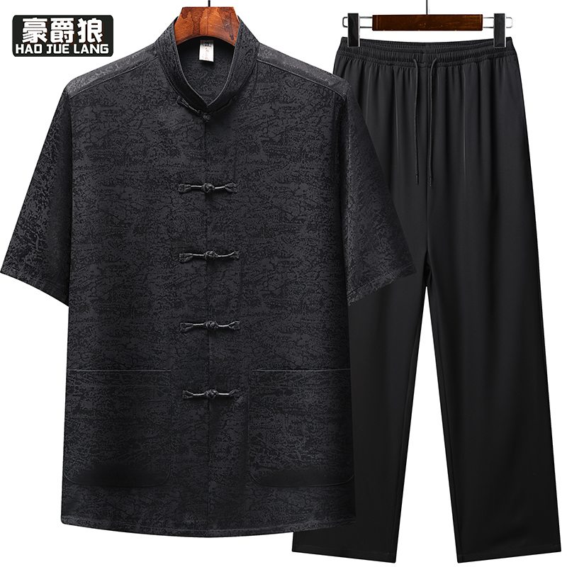 13627067.夏季男士唐装爸爸短袖衬衣套装中国风中老年人冰丝父亲装爷爷夏装