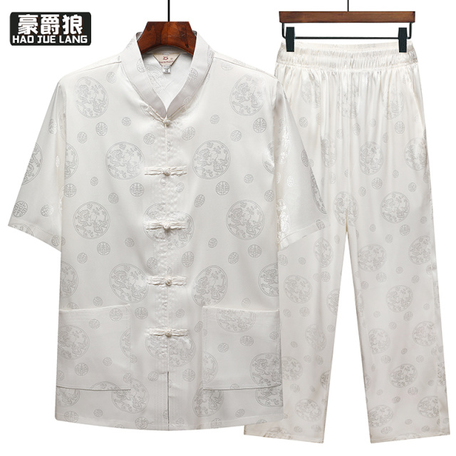 13626929.唐装男短袖套装中老年人爸爸冰丝夏装薄款中国风爷爷70岁老人衣服