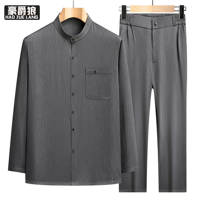 13627080.春秋亲款中老年爸爸夏季长袖立领唐装衬衫男士套装爷爷中山装衬衣