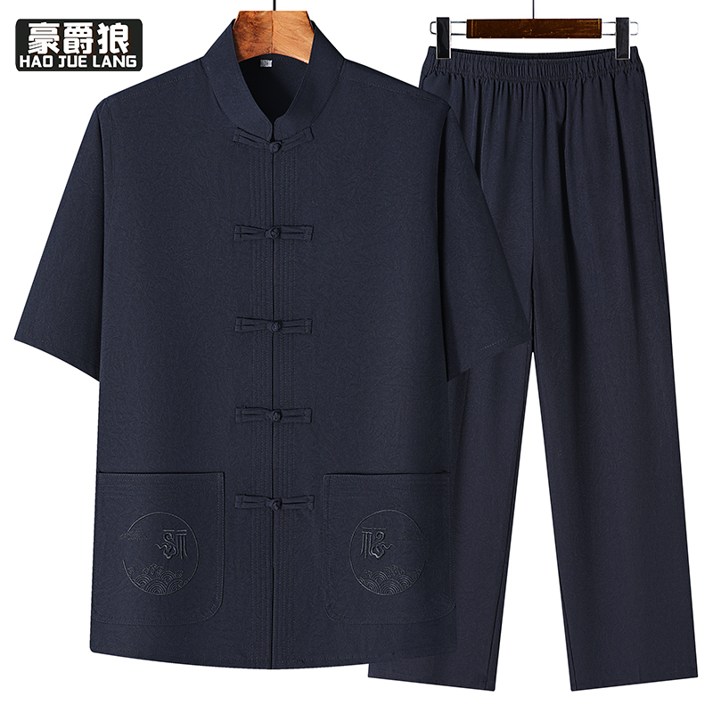13627008.中老年人唐装男夏季爸爸装短袖套装中国风过寿汉服爷爷太极服