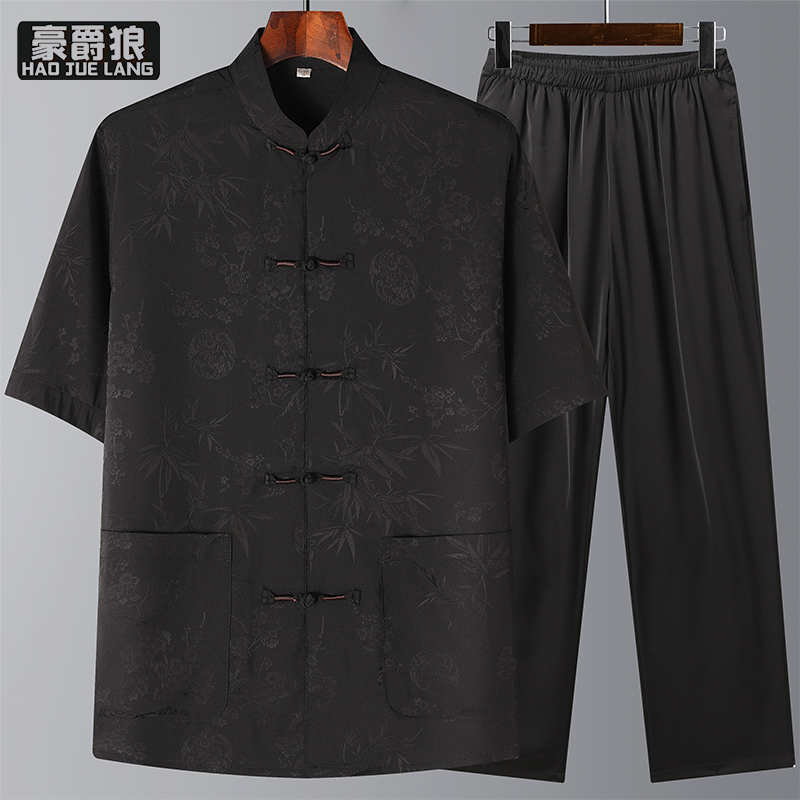 13626915.夏季男士唐装爸爸短袖衬衣套装中国风中老年人父亲装爷爷冰丝夏装