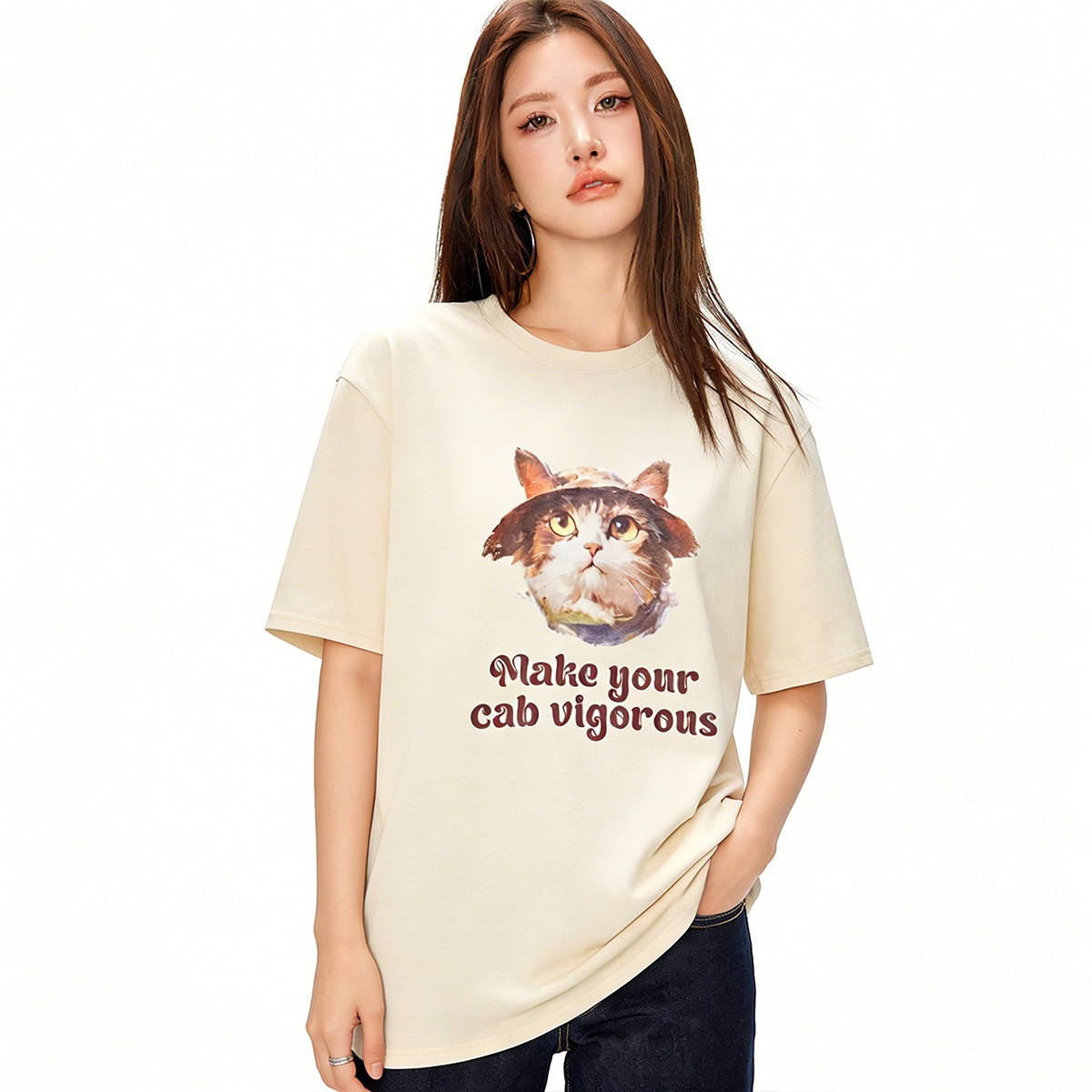 13715512.i.t ccaabb女装休闲短袖2025夏季日常百搭简约小猫印花T恤