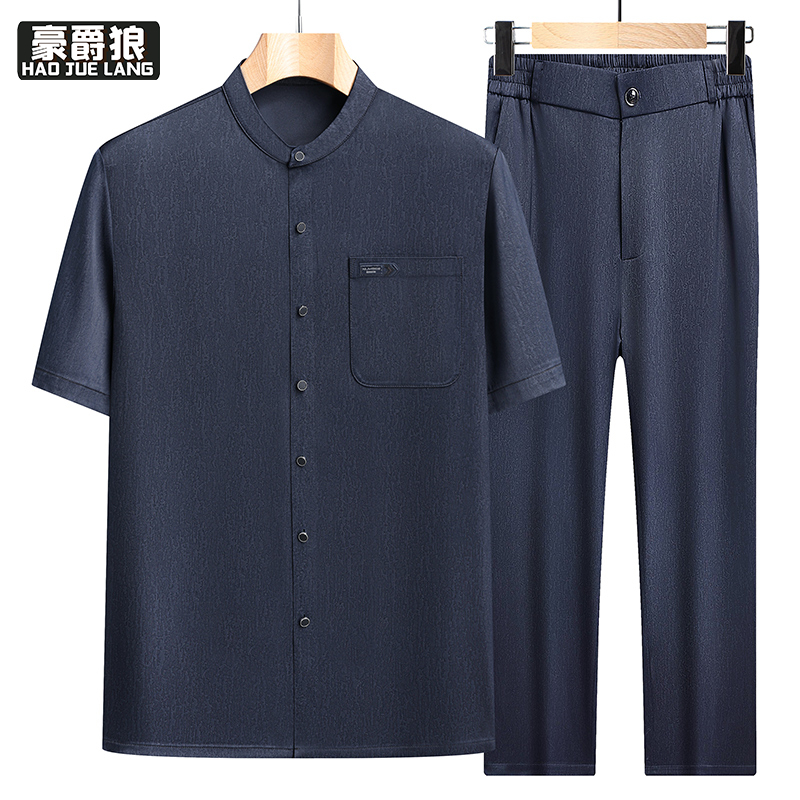 13627079.夏季唐装男装立领衬衫短袖套装潮流时尚休闲百搭男士复古风两件套