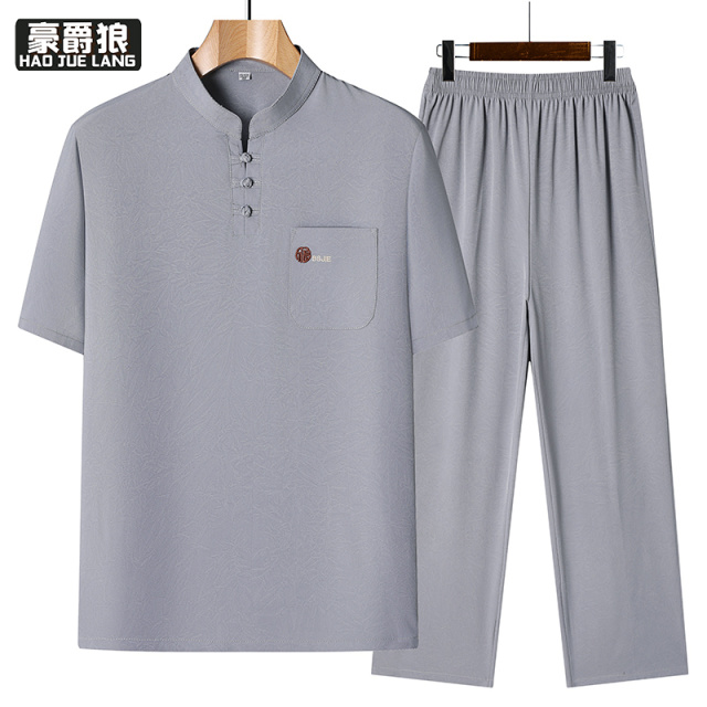 13627036.冰丝唐装男中老年夏季薄款爸爸套装中国风爷爷短袖衬衫夏装两件套