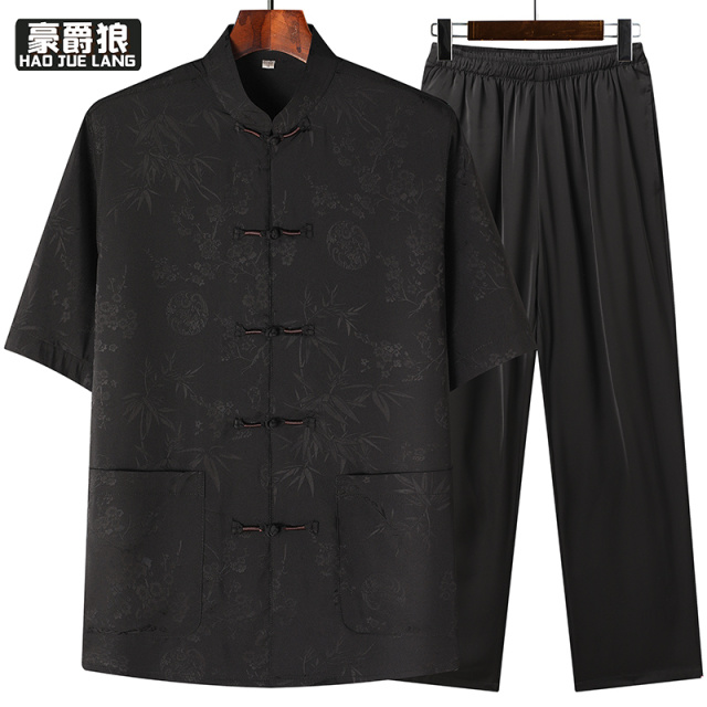13626915.夏季男士唐装爸爸短袖衬衣套装中国风中老年人父亲装爷爷冰丝夏装
