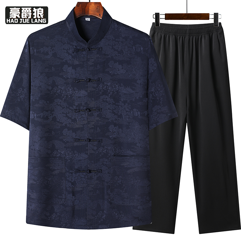 13626956.夏装中老年男士唐装冰丝中式套装国风爷爷生日老人短袖爸爸装衬衣