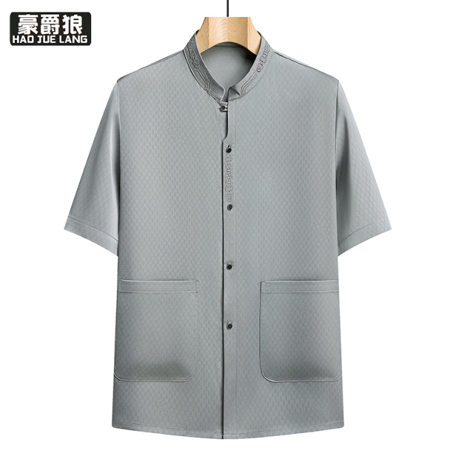 13627082.爸爸短袖衬衫中年男士夏装上衣短袖衬衣质感中老年人爷爷夏季薄款