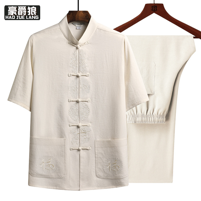 13626924.夏季唐装男短袖套装中老年人男夏装爸爸薄款冰丝棉麻衬衫衣服爷爷