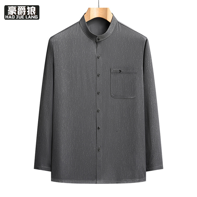 13627072.春季新款中式爸爸装中老年男士长袖衬衫宽松休闲立领纽扣上衣