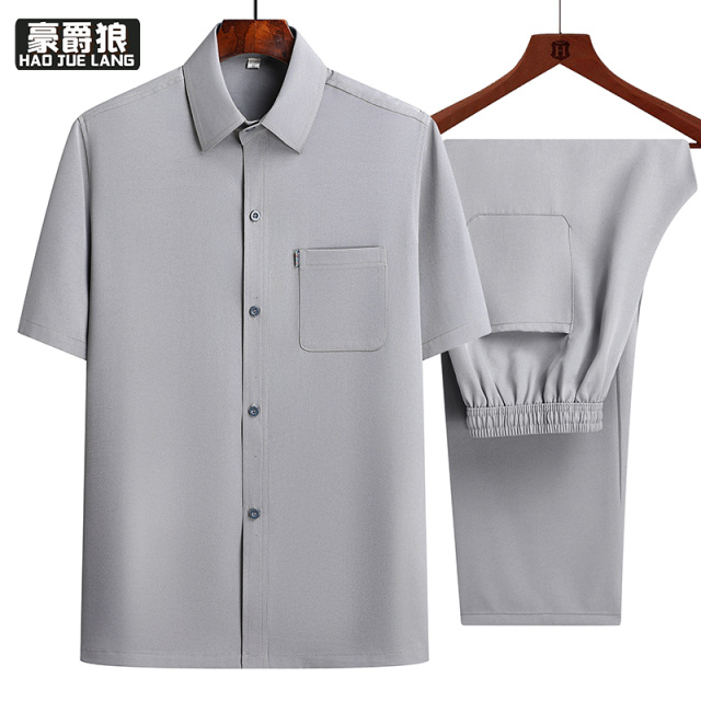 13626934.中老年夏季短袖冰丝衬衫套装男士唐装爷爷宽松衬衣夏天爸爸
