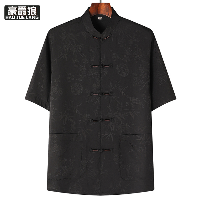 13626940.唐装民族风冰丝短袖爸爸夏装薄款上衣中老年人爷爷夏季衣服男汉服