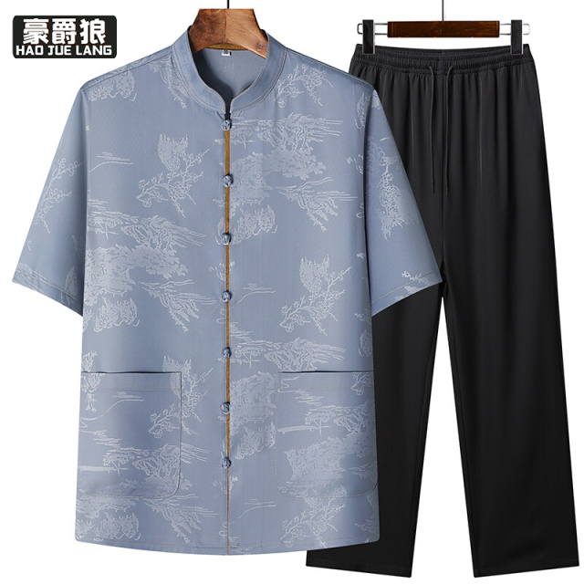 13627013.唐装男中老年男士夏季冰丝短袖套装爸爸装新中式中国风爷爷半袖装
