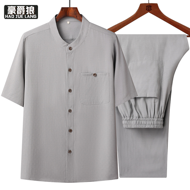 13626935.短袖衬衫套装男士夏季舒适休闲亲肤透气凉感爸爸装长裤两件套