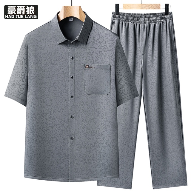13626999.四面弹多口袋夏装套装中老年男士短袖弹力衬衫男装上衣裤三个口袋