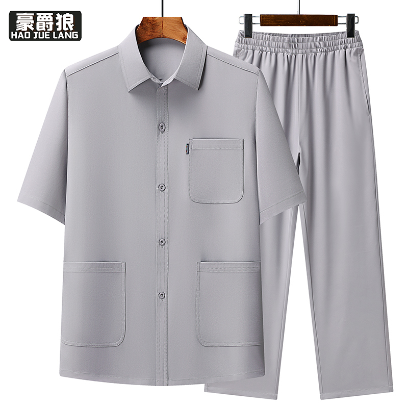 13627088.中老年人爸爸夏季薄款冰丝开衫男装短袖衬多口袋弹力套装