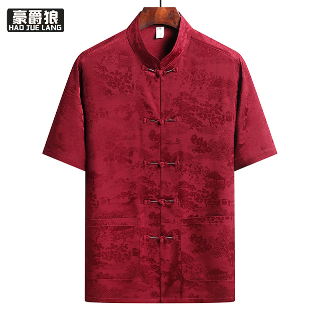 13627064.夏季爸爸冰丝短袖衬衣男中国风唐装中老年人爷爷男装上衣休闲寸衫