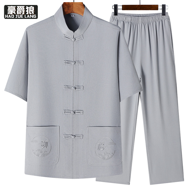 13627008.中老年人唐装男夏季爸爸装短袖套装中国风过寿汉服爷爷太极服