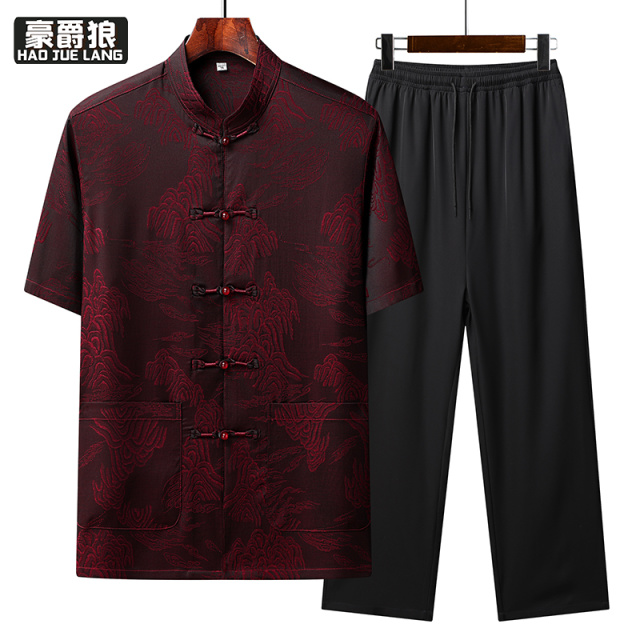 13627066.夏季唐装男士衬衫新款休闲短袖中老年人汉服冰丝衣服爸爸爷爷套装
