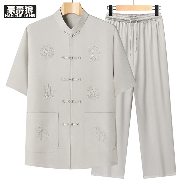 13627028.中老年冰丝短袖衬衫套装夏季新中式国风宽松唐装男爸爸老人衬衣薄