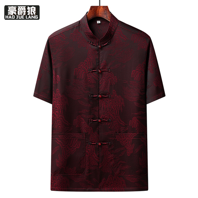 13627068.夏季唐装男士衬衫新款休闲短袖中老年人汉服冰丝衣服爸爸爷爷上衣