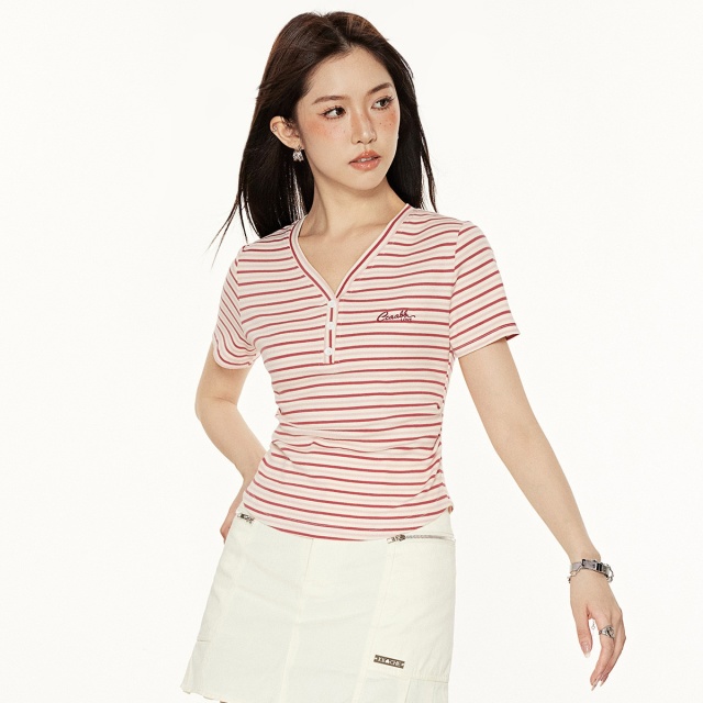 13715493.it ccaabb 夏季V领甜美气质简约条纹棉质舒适短袖T恤女款上衣