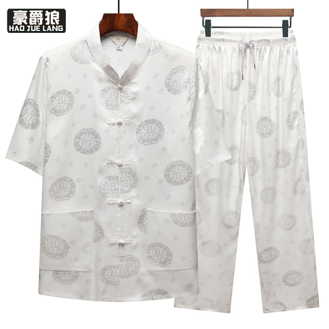 13626960.冰丝唐装男夏季薄款中国风爸爸夏装中老年人凉感短袖套装爷爷衣服