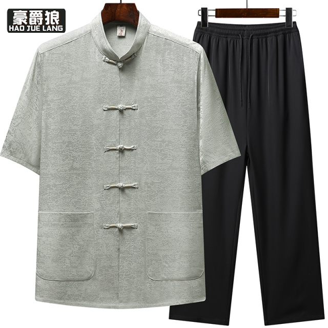 13627067.夏季男士唐装爸爸短袖衬衣套装中国风中老年人冰丝父亲装爷爷夏装