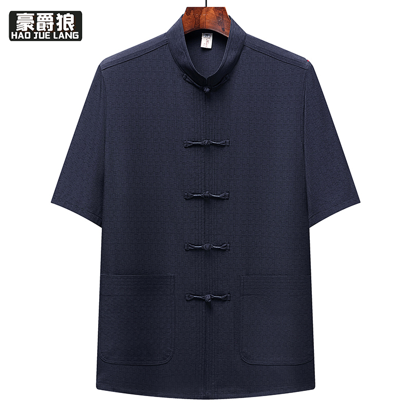 13627065.复古唐装男盘扣衬衫中国风男装夏季薄款竹节棉短袖中式刺绣上衣