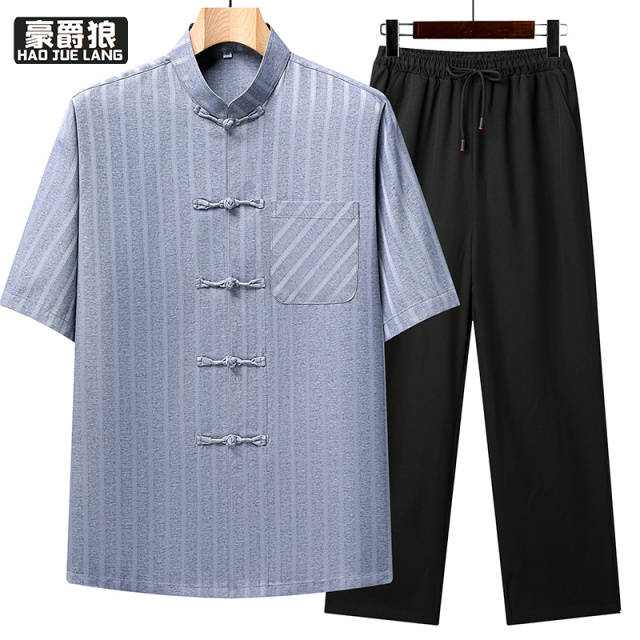 13627034.新中式唐装男短袖套装中老年爸爸夏季条纹盘扣休闲装爷爷中国风