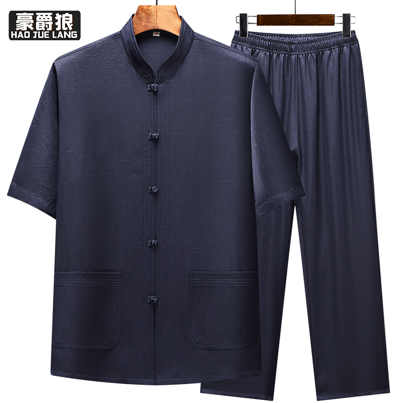13626914.唐装男中国风中老年仿醋酸冰丝短袖夏季薄款爸爸装爷爷中式套装