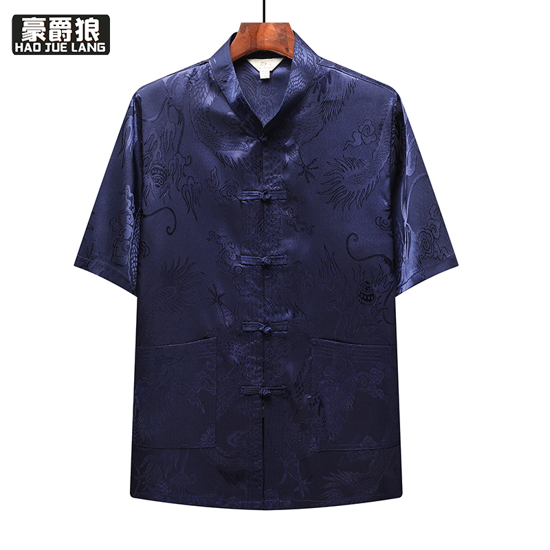 13626972.唐装男冰丝短袖衬衫夏季爸爸装薄款上衣老人衣服中老年爷爷中国风