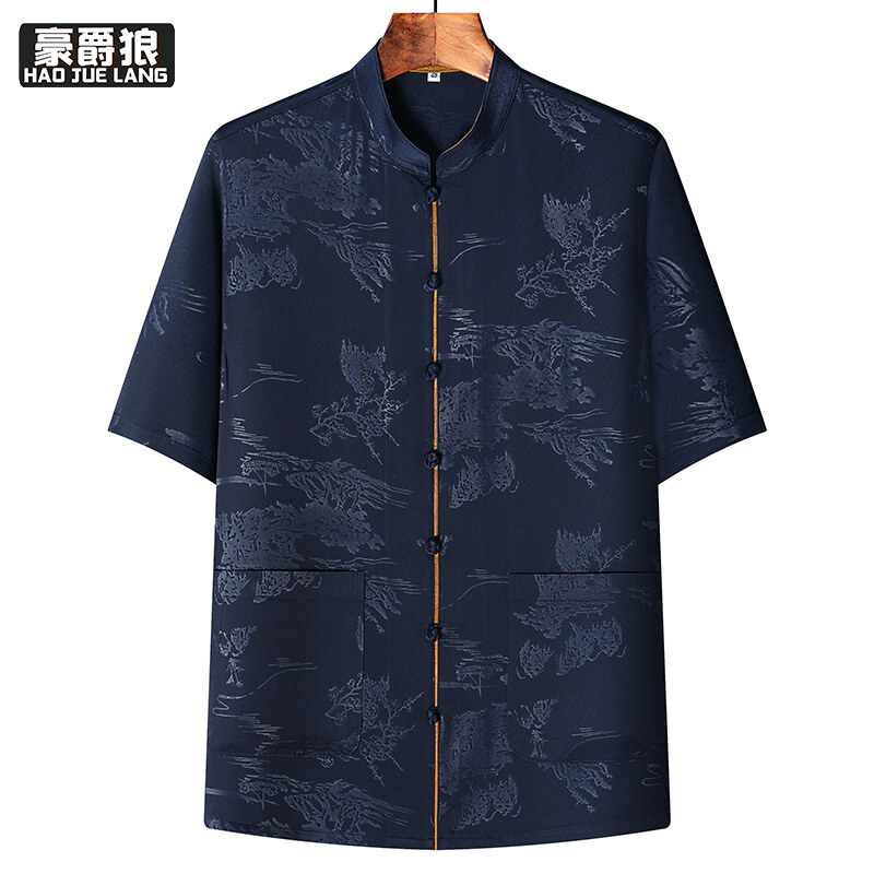 13627057.唐装男中老年男士夏季冰丝短袖上衣爸爸装新中式中国风爷爷半袖装