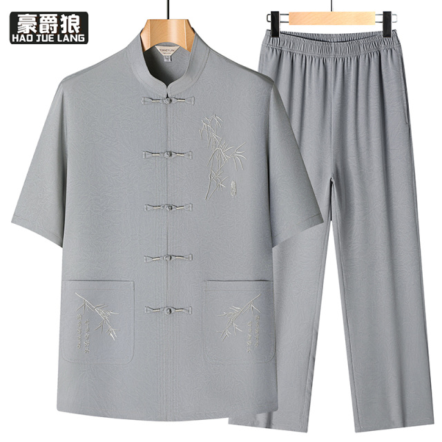 13627045.新中式国风爸爸唐装爷爷夏装套装中老年人男士短袖冰丝衣服薄