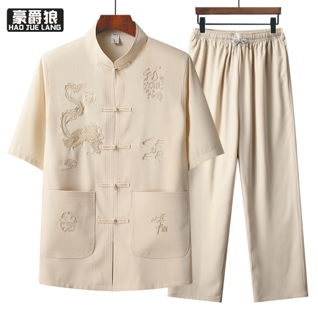 13626963.唐装男士中老年人套装爷爷夏季中国风爸爸装休闲宽松薄款短袖汉服