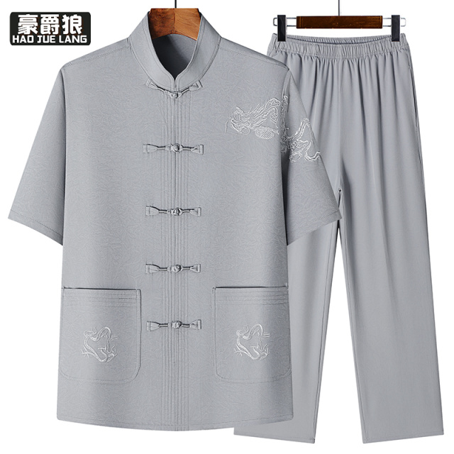 13627011.夏季唐装男款短袖套装中国风刺绣薄款汉服老年人衣服爷爷冰丝夏装