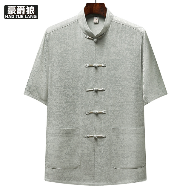 13627002.夏季男士唐装爸爸短袖衬衣上衣中国风中老年人冰丝父亲装爷爷夏装