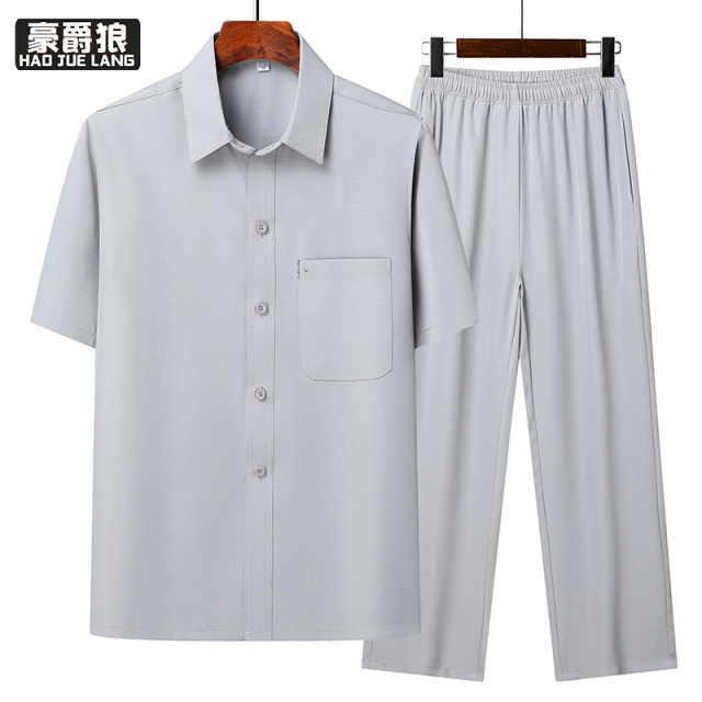 13627027.爸爸夏装两件套中老年人男士短袖衬衫60岁爷爷装衬衫薄款休闲套装