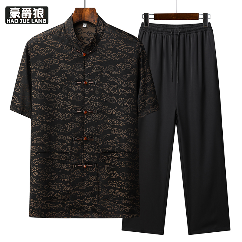 13627051.唐装男中老年人爸爸装夏季短袖套装中国风薄款中式盘扣冰丝爷爷
