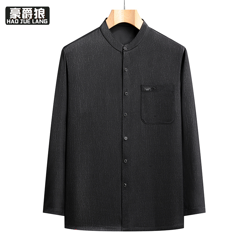 13627072.春季新款中式爸爸装中老年男士长袖衬衫宽松休闲立领纽扣上衣
